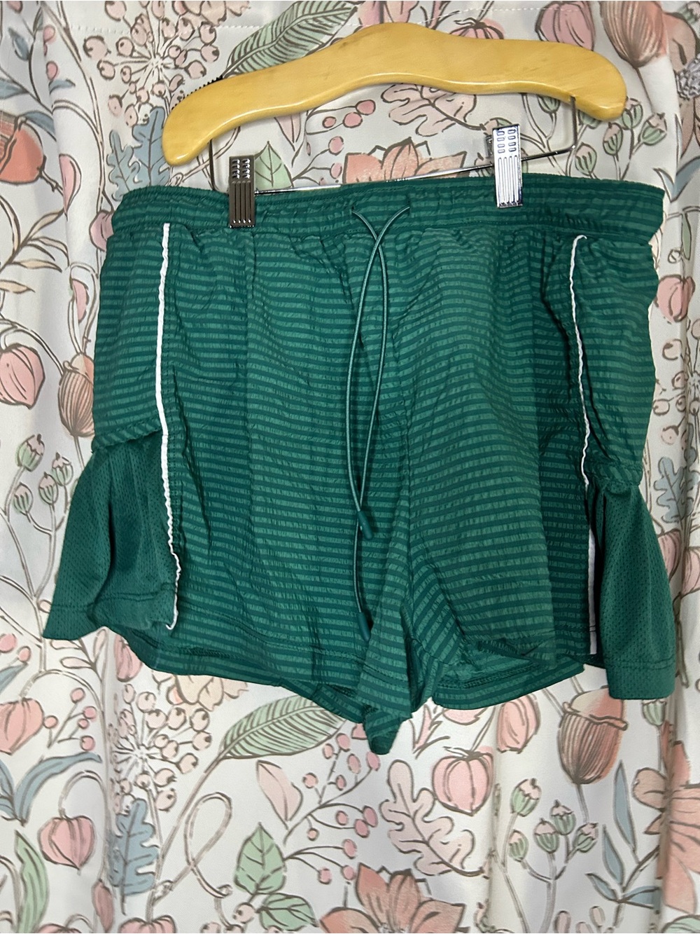 Green Striped Athletic Shorts with Drawstring